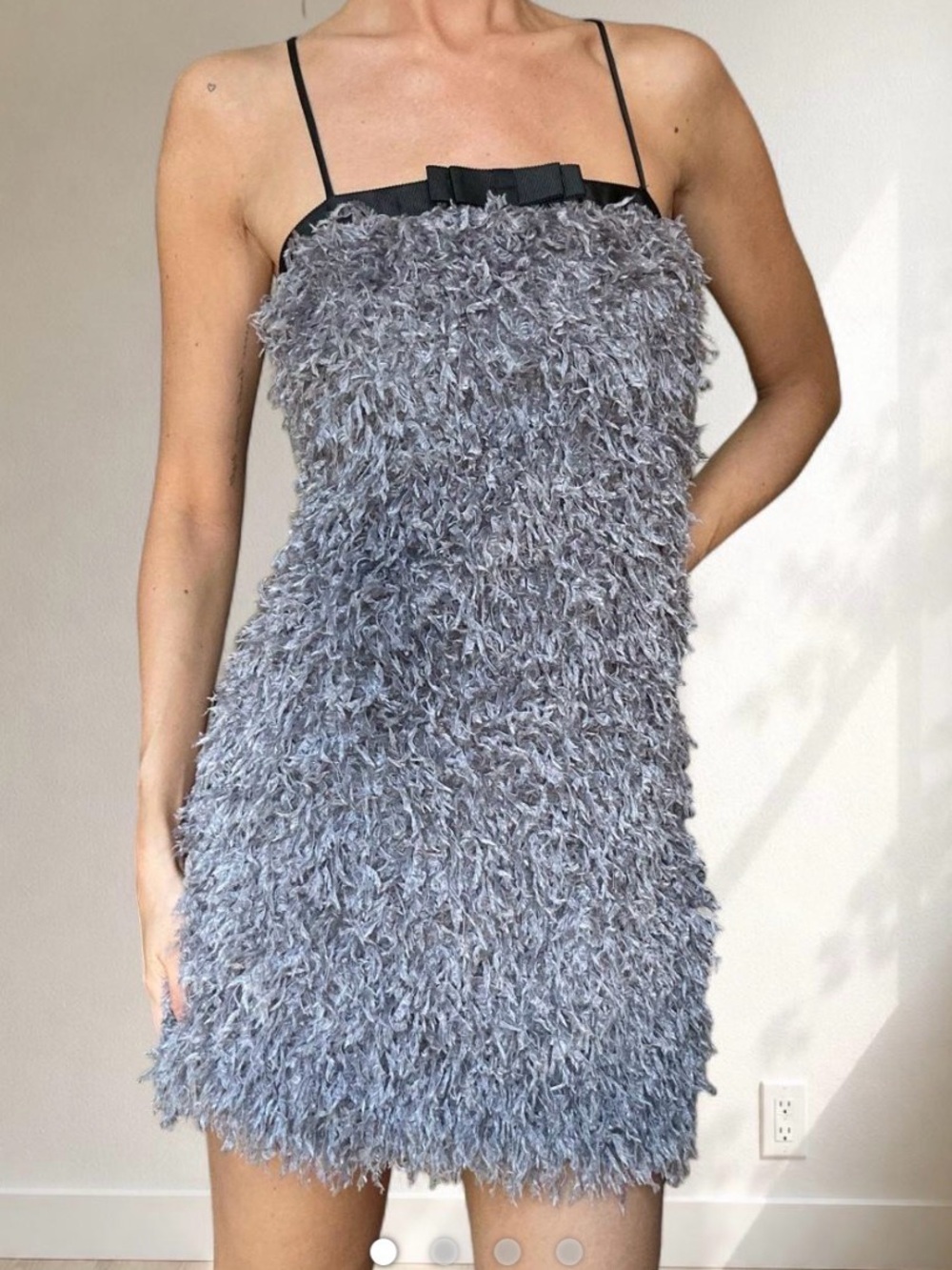Zara Eyelash Feather Fringe Cocktail Mini Dress XS Gray Bow Festival New Years